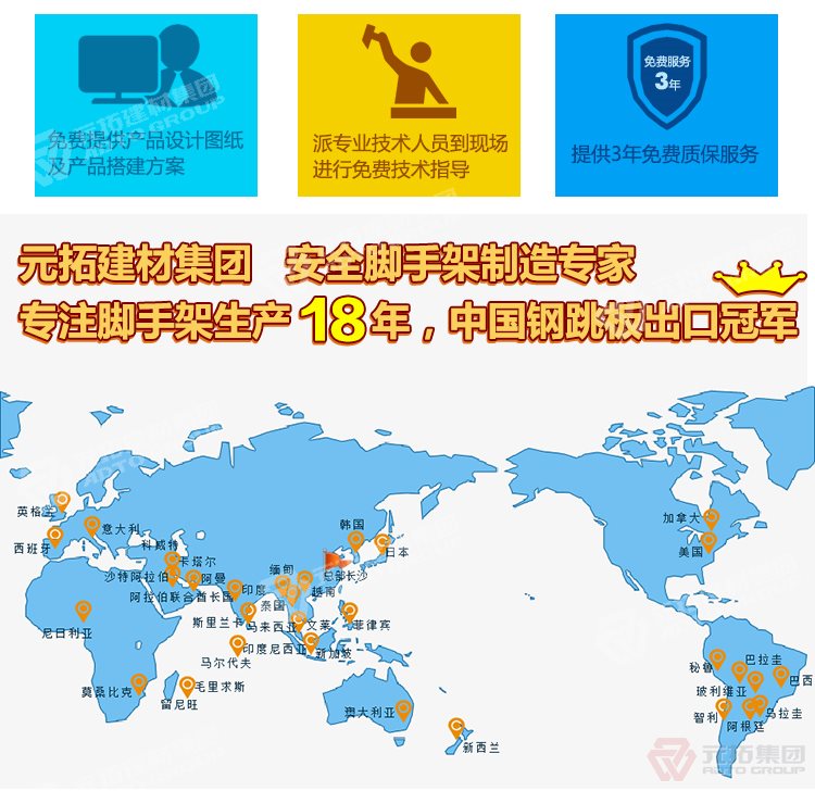 元拓建材集團(tuán)，安全腳手架制造專家！專注腳手架生產(chǎn)18年，中國鋼跳板出口冠軍！